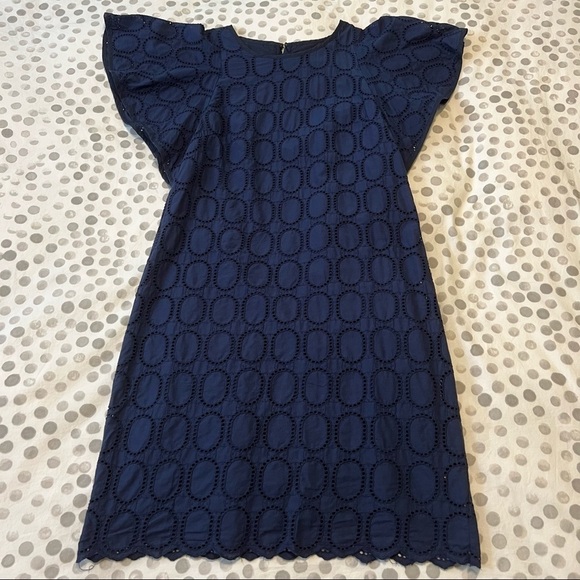 J. Crew Factory Scalloped Eyelet Navy Blue Shift Dress With Flutter Sleeve Sz 2 - Picture 9 of 15